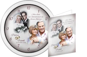 Wanduhr als Geschenk für den 40. Hochzeitstag, weisser Uhrrahmen, 40 Jahre altes Hochzeitsfoto und aktuelles Bild , die Namen der Eheleute und das Datum der Hochzeit und ein kurzer Spruch 