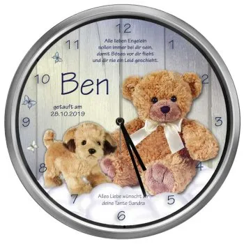 Personalisiertes Taufgeschenk - Moderne Metalluhr mit geräuscharmen Funkuhrwerk