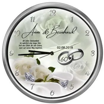 silberne Funk-Wanduhr zur Diamanthochzeit, 30 cm