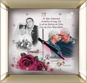 Fotouhr zur Diamanthochzeit mit eckigem Silberrahmen