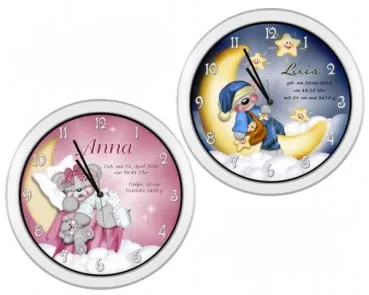 Geschenk zur Geburt - Geburtsuhr mit weissem Uhrrahmen