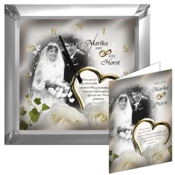 Fotouhr zur Goldhochzeit mit eckigem Goldrahmen