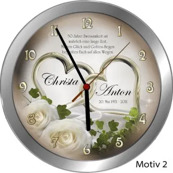 Goldhochzeit Geschenk Metall-Wanduhr 30cm mit Namen