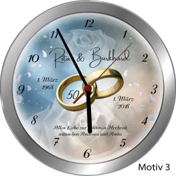 Goldhochzeit Geschenk Metall-Wanduhr 30cm mit Namen