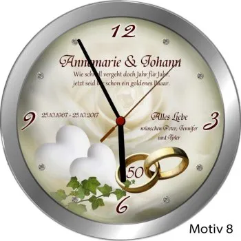 Goldhochzeit Geschenk Metall-Wanduhr 30cm mit Namen