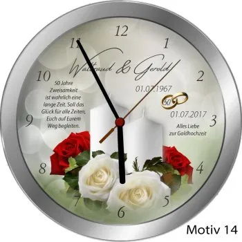 Goldhochzeit Geschenk Metall-Funkuhr 25cm mit Namen