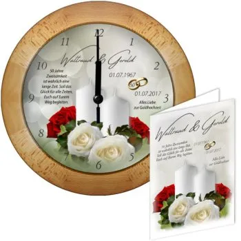 Buche-Holzuhr zur Goldenen Hochzeit mit Namen und Hochzeitsdatum