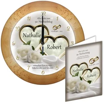 Buche-Holzuhr zur Goldenen Hochzeit mit Namen und Hochzeitsdatum