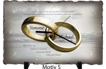 Geschenkidee Goldhochzeit Schieferuhr mit modernen goldenen Ringen