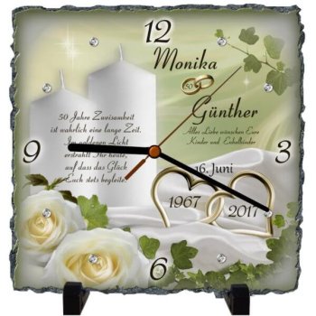 Preview: Geschenk Goldene Hochzeit - Schieferuhr - Motiv mit Namen und Datum