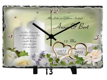Schieferuhr mit beliebtem Goldhochzeitsmotiv 13