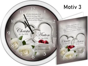 40. Hochzeitstag - Geschenk Weiße Wanduhr mit Motiv und Namen