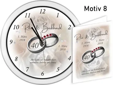 40. Hochzeitstag - Geschenk Weiße Wanduhr mit Motiv und Namen