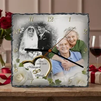 Schieferbild oder Schieferuhr mit Fotos - die ungewöhnliche Geschenkidee zur Rubinhochzeit