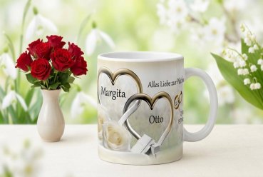 Personalisiserte Tasse zur Platinhochzeit mit Namen und Datum der Hochzeit