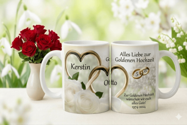 Tasse mit Namen , Hochzeitsdatum, Goldenen Herzen personalisiert