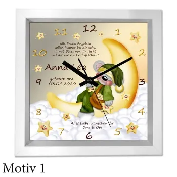 Taufgeschenk mit Namen und Text - moderner weißer Holzrahmen als Uhr oder Bild