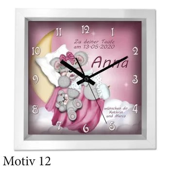 Taufgeschenk mit Namen und Text - moderner weißer Holzrahmen als Uhr oder Bild