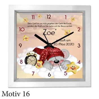 Taufgeschenk mit Namen und Text - moderner weißer Holzrahmen als Uhr oder Bild
