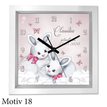 Taufgeschenk mit Namen und Text - moderner weißer Holzrahmen als Uhr oder Bild