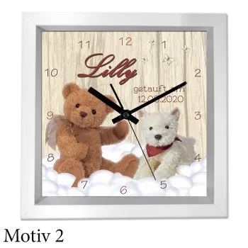 Taufgeschenk mit Namen und Text - moderner weißer Holzrahmen als Uhr oder Bild