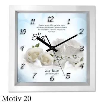 Taufgeschenk mit Namen und Text - moderner weißer Holzrahmen als Uhr oder Bild