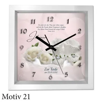 Taufgeschenk mit Namen und Text - moderner weißer Holzrahmen als Uhr oder Bild