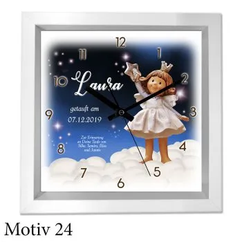 Taufgeschenk mit Namen und Text - moderner weißer Holzrahmen als Uhr oder Bild