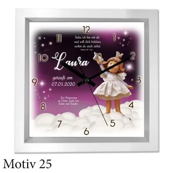 Taufgeschenk mit Namen und Text - moderner weißer Holzrahmen als Uhr oder Bild