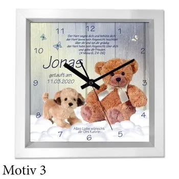 Taufgeschenk mit Namen und Text - moderner weißer Holzrahmen als Uhr oder Bild