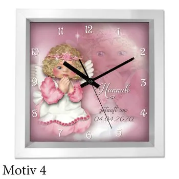 Taufgeschenk mit Namen und Text - moderner weißer Holzrahmen als Uhr oder Bild