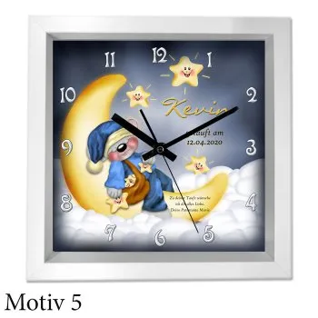 Taufgeschenk mit Namen und Text - moderner weißer Holzrahmen als Uhr oder Bild