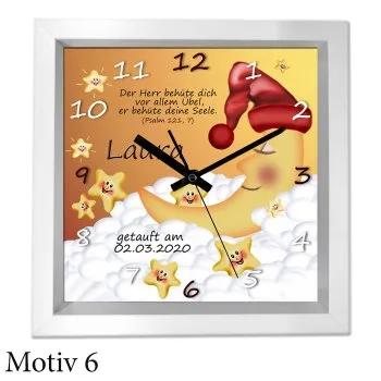 Taufgeschenk mit Namen und Text - moderner weißer Holzrahmen als Uhr oder Bild