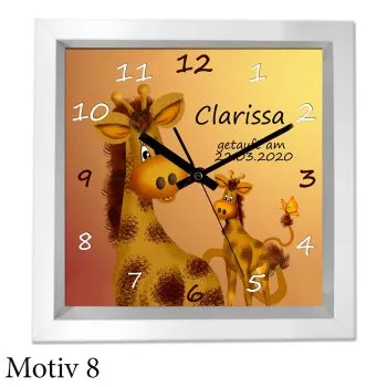 Taufgeschenk mit Namen und Text - moderner weißer Holzrahmen als Uhr oder Bild