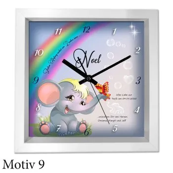 Taufgeschenk mit Namen und Text - moderner weißer Holzrahmen als Uhr oder Bild