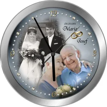 Fotouhr mit Metallrahmen zur Goldenen Hochzeit - individuell gefertigt mit Ihren Bildern + Ihrem Text