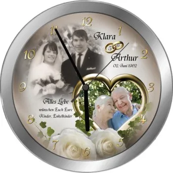 Fotouhr mit Metallrahmen zur Goldenen Hochzeit - individuell gefertigt mit Ihren Bildern + Ihrem Text