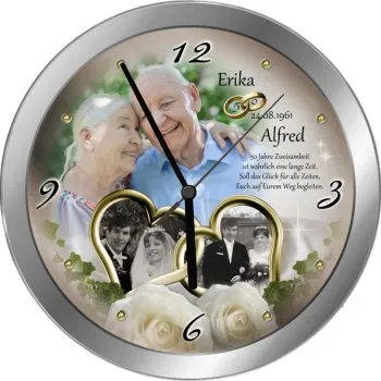 Fotouhr mit Metallrahmen zur Goldenen Hochzeit - individuell gefertigt mit Ihren Bildern + Ihrem Text