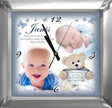 Tuafuhr - die Wanduhr mit dem Foto des Kindes + Namen, Taufdatum und Taufspruch