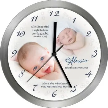 Beliebtes Taufgeschenk mit Metallrahmen 25cm - geräuscharmes Quarzuhrwerk