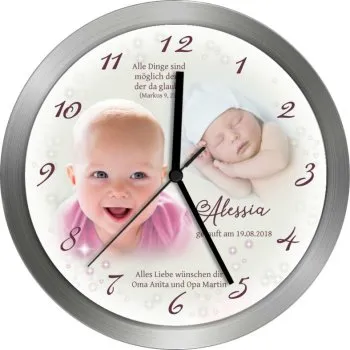 Beliebtes Taufgeschenk mit Metallrahmen 25cm - geräuscharmes Quarzuhrwerk