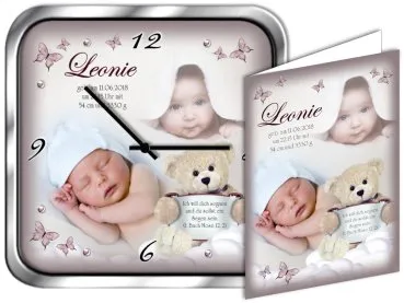 Geschenkeset zur Geburt: Uhr und Karte im selben Design