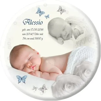 Wandteller mit Babyfoto und Geburtsdaten