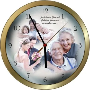 Wanduhr mit mehreren Familienfotos , Ziffern und einem Familienspruch. modernes Design