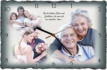 Schieferplatte bedruckt - Lieferung als Schieferuhr - Ihre Fotos und Ihr Spruch auf Schiefer gedruckt