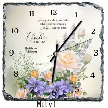 Besonderes Geschenk zum 70. Geburtstag für die beste Freundin – personalisierte Schieferuhr mit Blumenmotiv