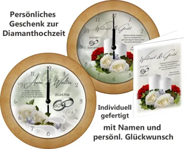 Persönliche Diamanthochzeitsuhr mit Holzrahmen