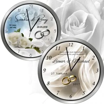 hochwertiges Hochzeitsgeschenk Hochzeitsuhr mit Namen, Datum und lautlosem Funkuhrwerk