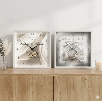 Individuelle Wanduhr Hochzeit 25x25 cm weißer Holzrahmen mit Namen und Datum der Hochzeit als Geschenk