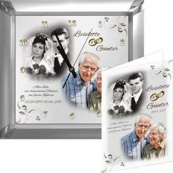 Fotouhr zur Diamanthochzeit mit eckigem Silberrahmen